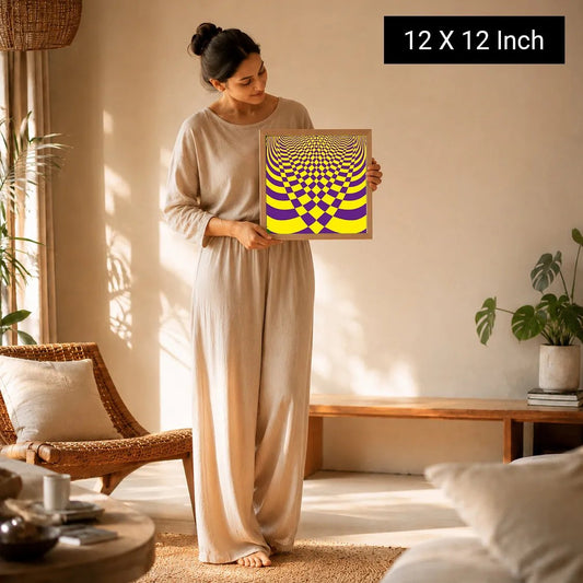 A woman in a beige outfit holds a 12x12 inch Serenity Art print featuring a colorful, swirling design, ideal for yoga and the