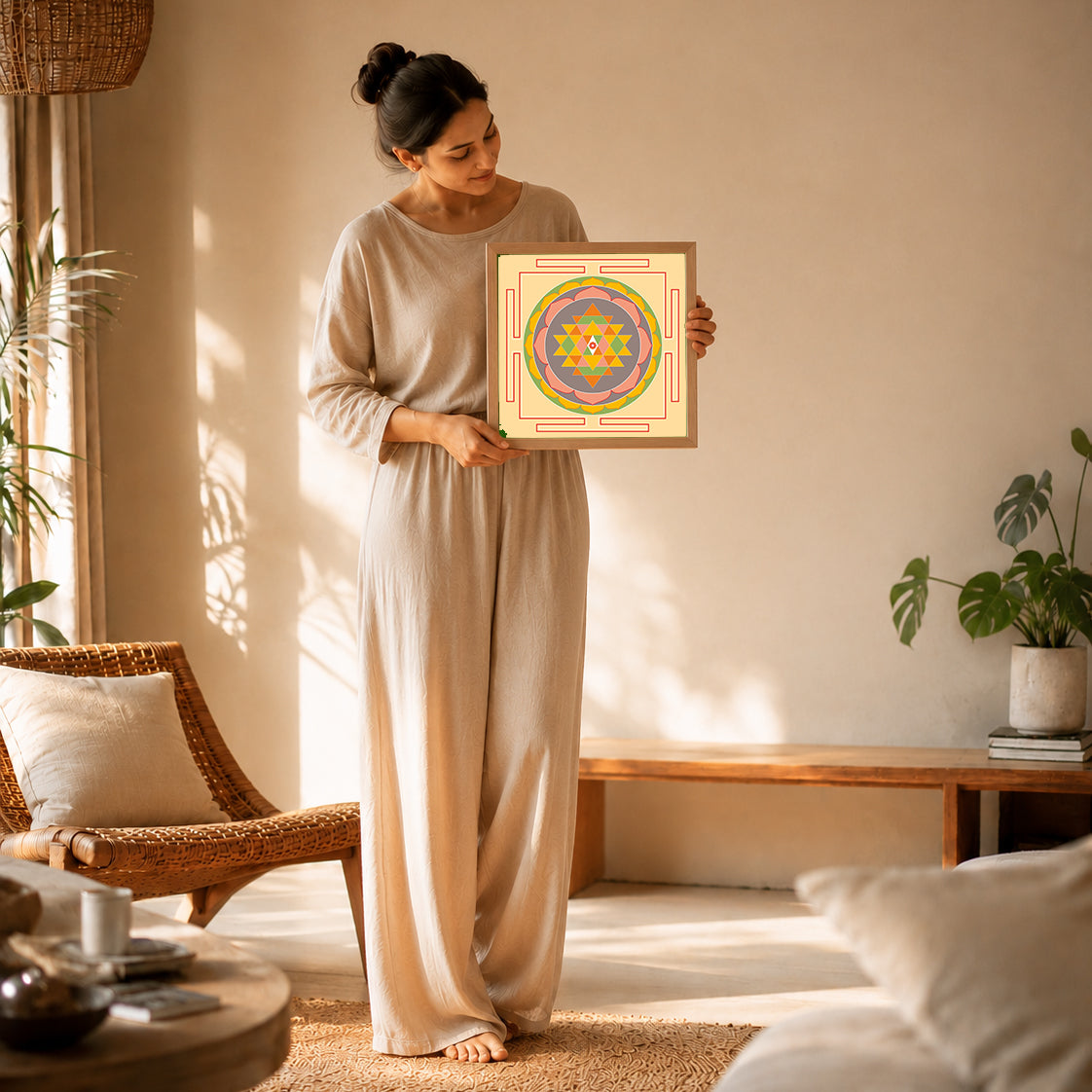 A woman in a light beige outfit holds a colorful Sacred Geometry artwork in a serene wellness space with natural decor.