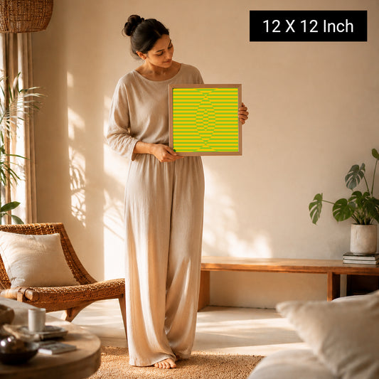 Therapeutic Wall Art by Ilu Art Therapy, 12x12 inch calming print, displayed by a woman in a cozy, sunlit room.