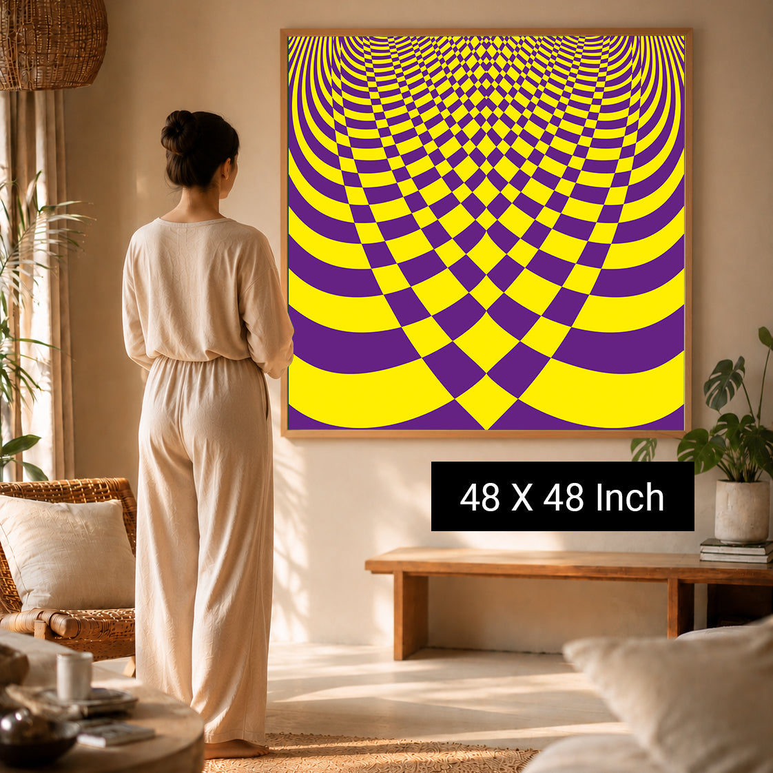 Therapeutic meditation print by Ilu Art Therapy, featuring a vibrant purple and yellow design, displayed in a cozy room.