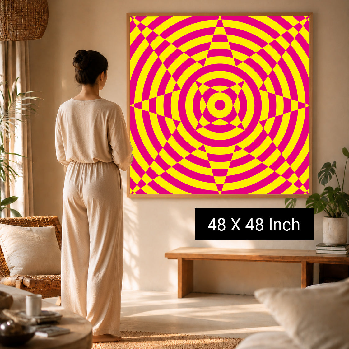 Meditation Wall Art by Ilu Art Therapy features a vibrant geometric design in pink and yellow, measuring 48 x 48 inches.