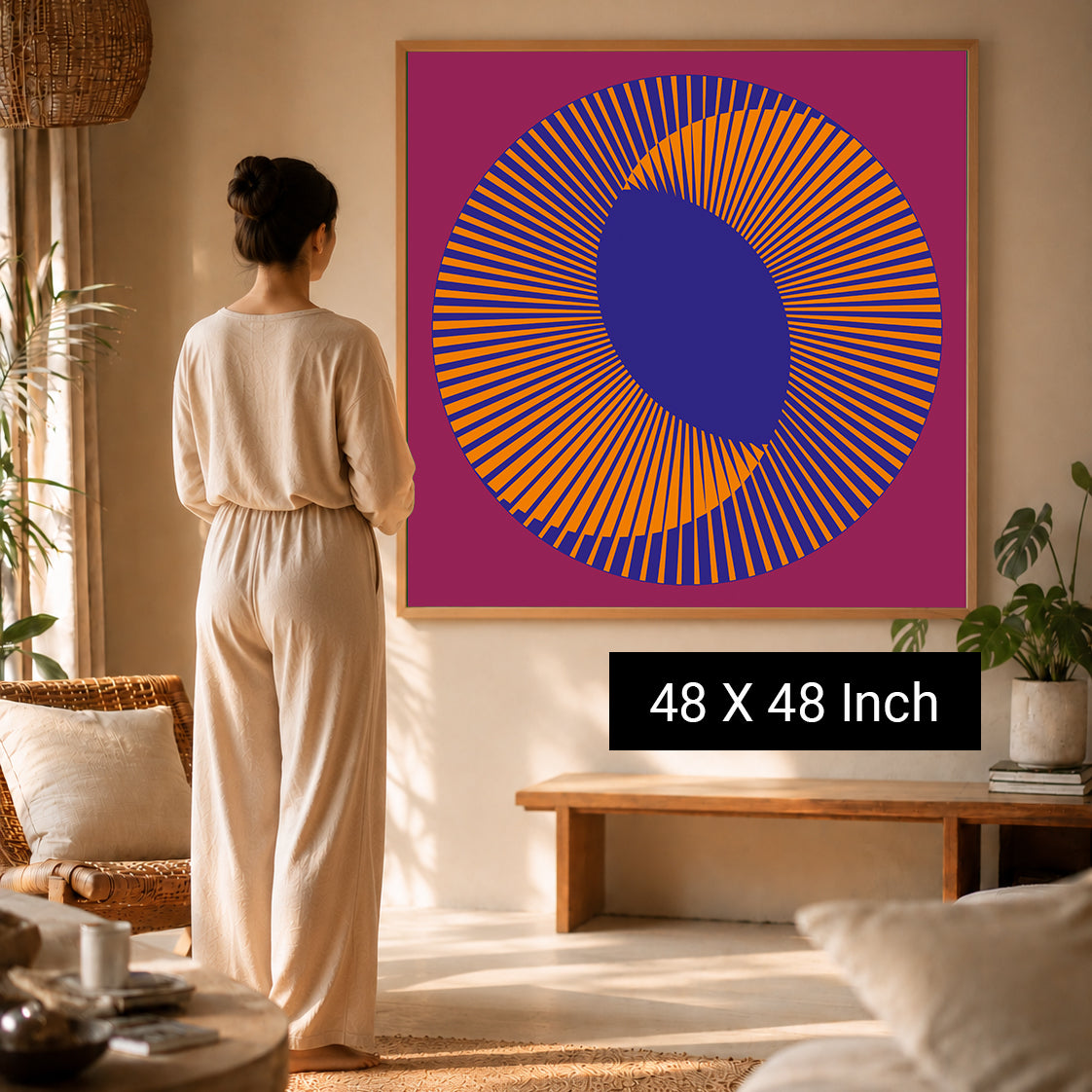Colorful mandala and sacred geometry art print on a purple background, displayed in a cozy room with a woman admiring it. 48