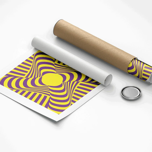 Roll of paper with a purple and yellow pattern on a white background