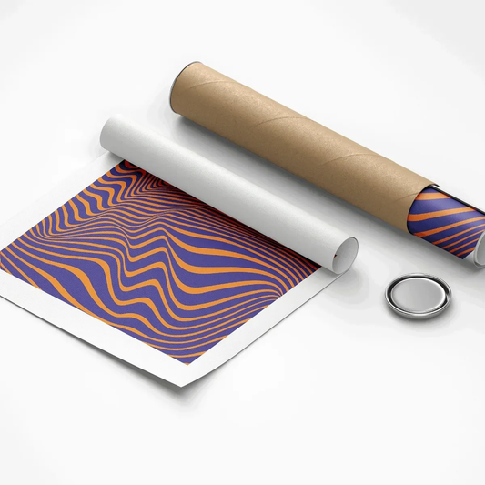 Roll of paper with a wavy purple and orange pattern on a white background