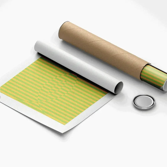 Roll of paper with a green and white striped mat on a white background