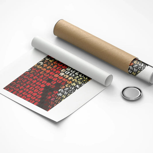 Roll of white paper with a patterned roll of brown paper and a metal button on a white background