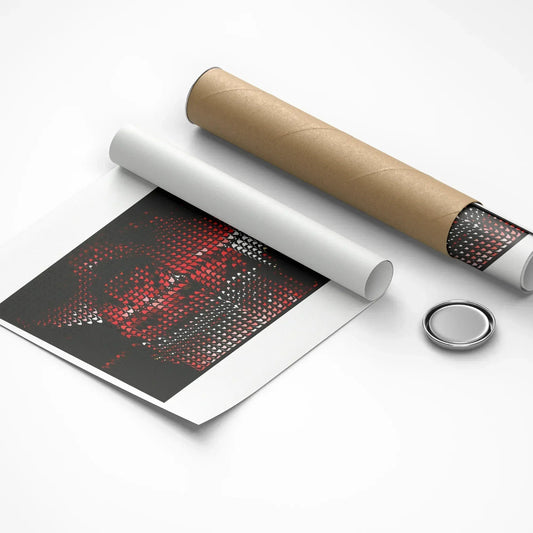 Roll of paper with a printed design and a cylindrical object on a white background