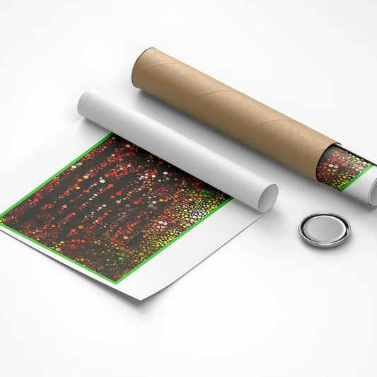 Roll of paper with colorful design and a cylindrical object on a white background