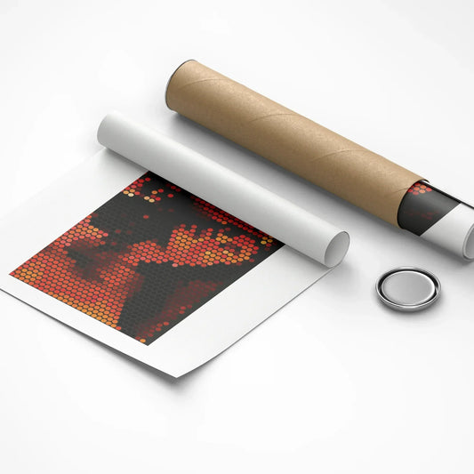 Unrolled poster with a pattern, roll of paper, and button on a white background