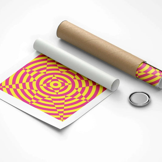 Roll of paper with pink and yellow geometric pattern on a white background