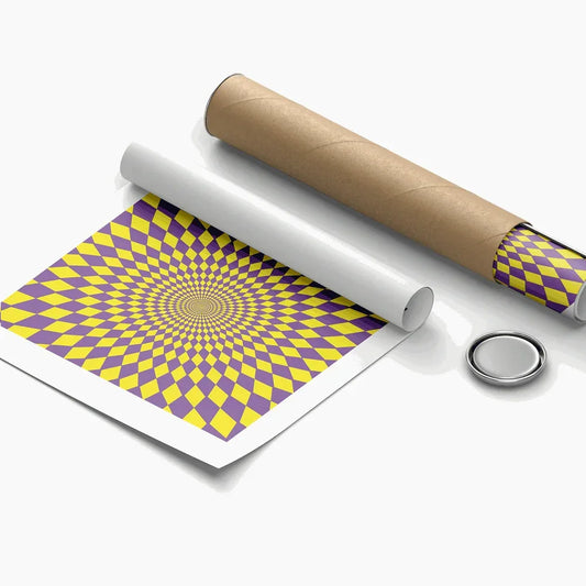 Roll of paper with a purple and yellow geometric pattern on a white background