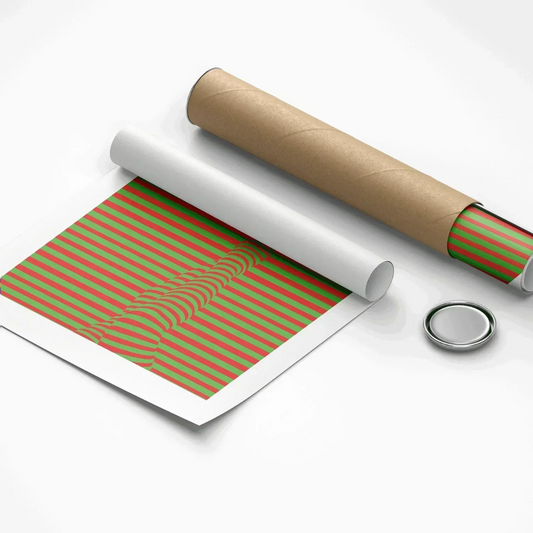 Roll of red and green striped paper with a roll of brown paper on a white background