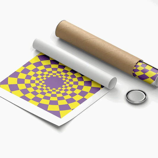 Roll of paper with a purple and yellow geometric pattern, partially unrolled, on a white background.