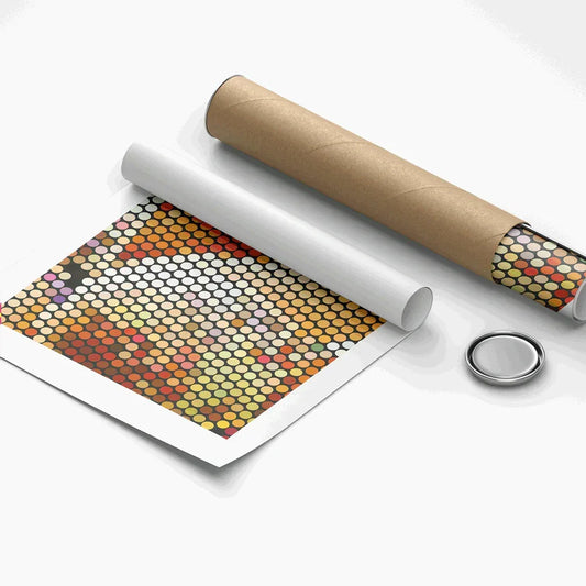 Color swatch book with a roll of paper and a metal disc on a white background