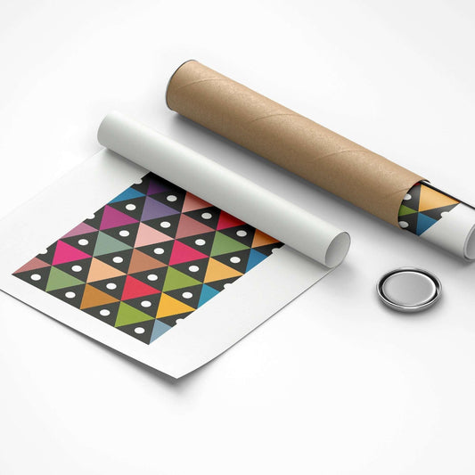 Roll of paper with colorful geometric pattern and a roll of brown paper on a white background