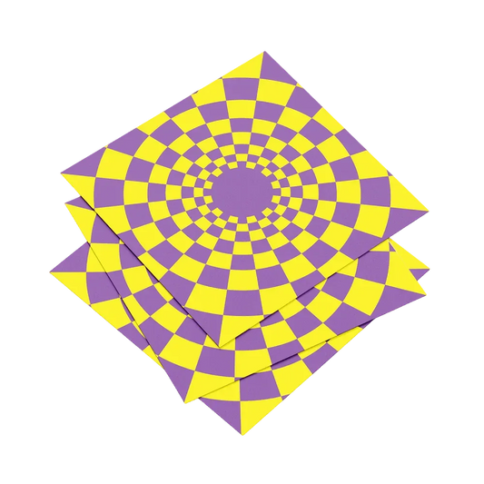 Stack of purple and yellow checkered paper with a spiral pattern on a white background