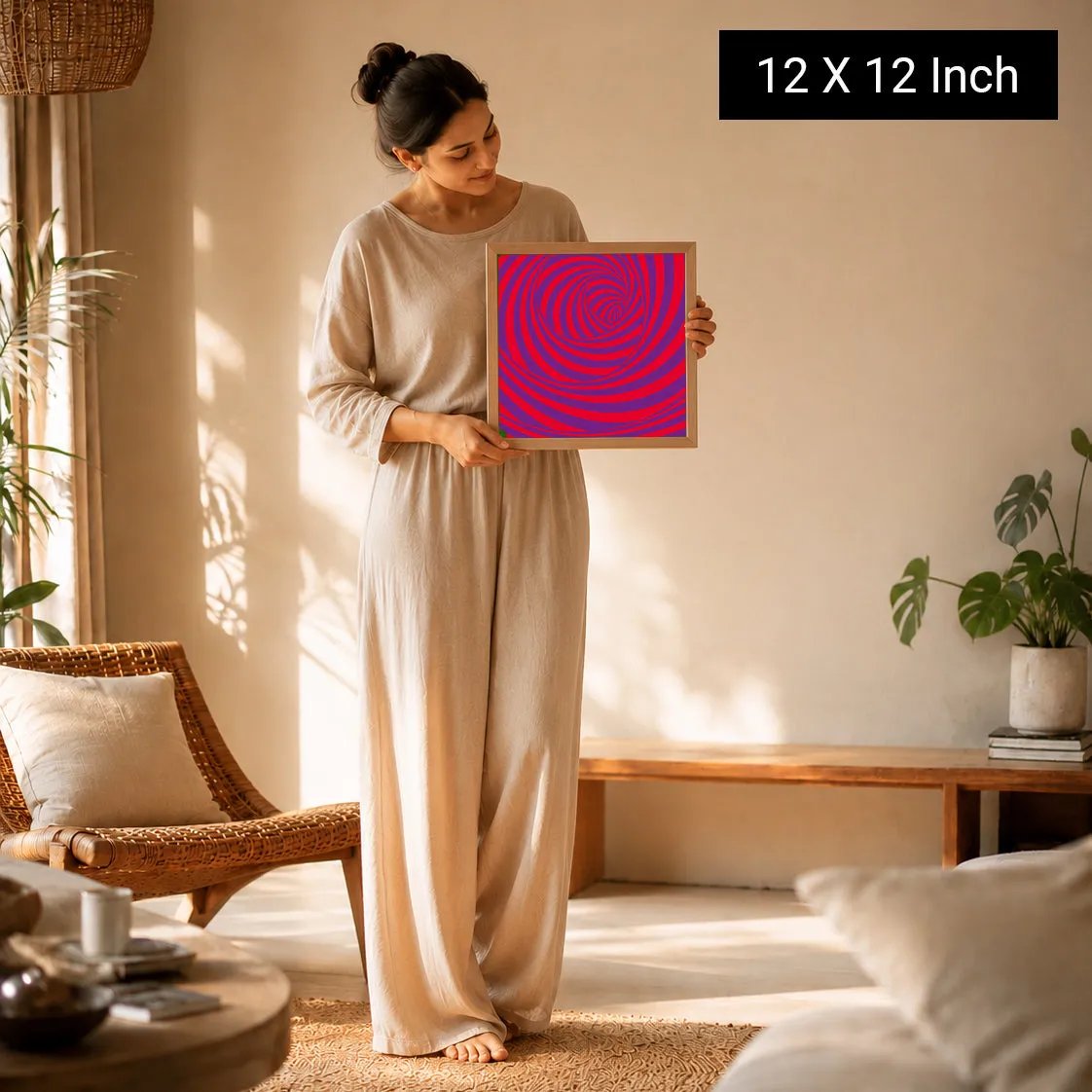 A woman in a beige outfit holds a 12x12 inch Zen Wall Art print featuring vibrant pink and purple sacred geometry patterns.