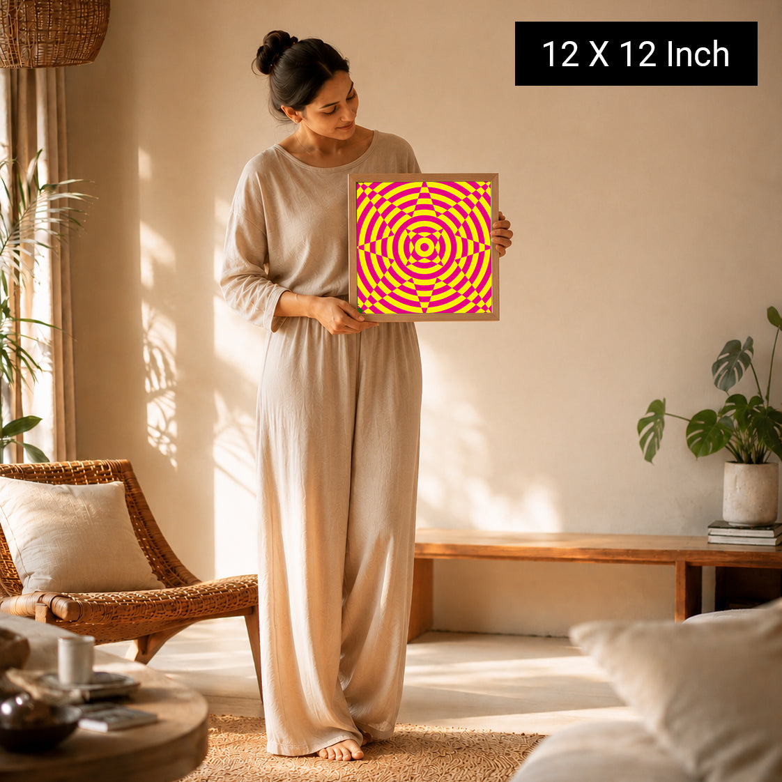 A woman in a beige outfit holds a colorful geometric print wall art, standing in a bright, serene room with plants.