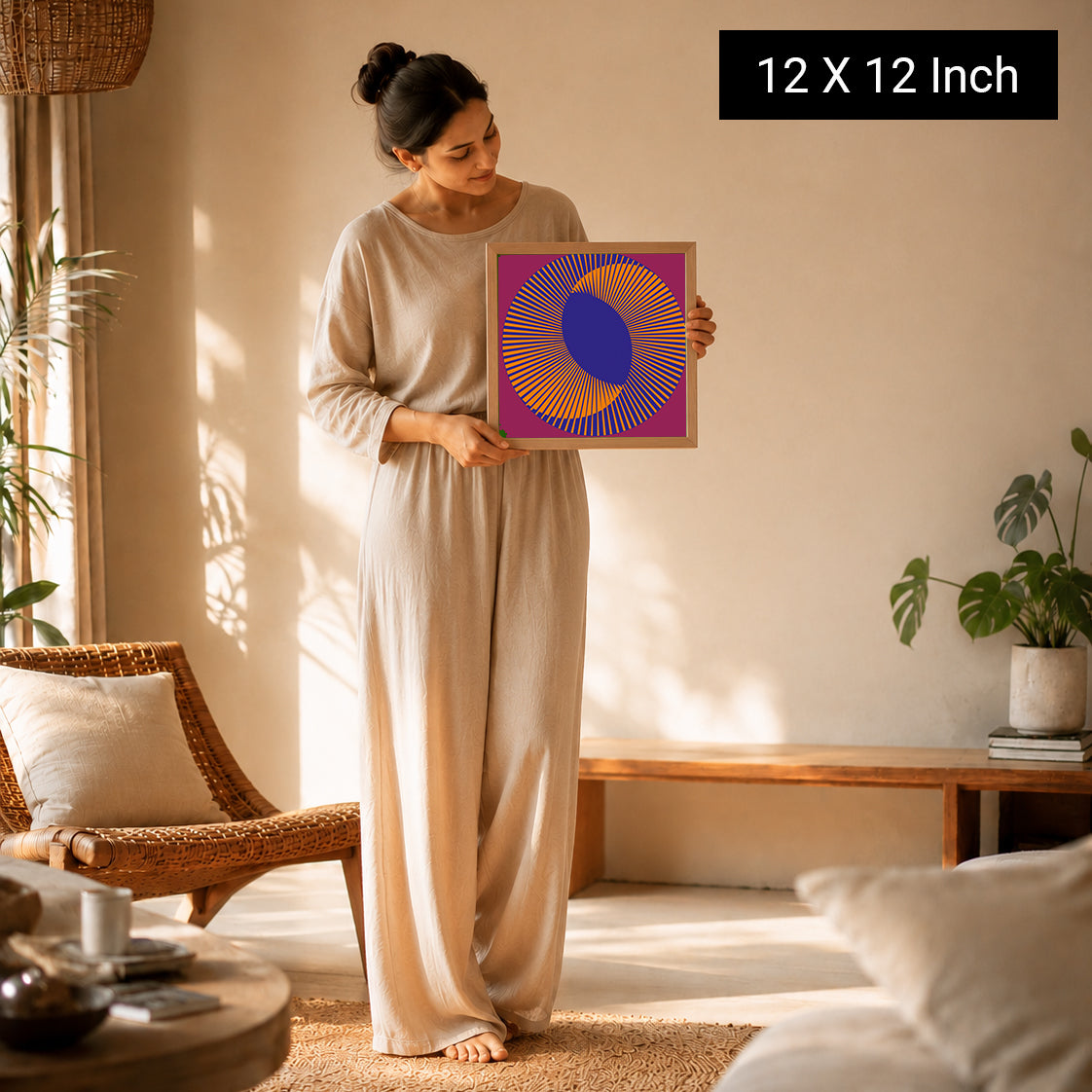 A woman in a light-colored outfit holds a 12x12 inch mandala art piece, featuring vibrant colors, in a serene indoor setting.