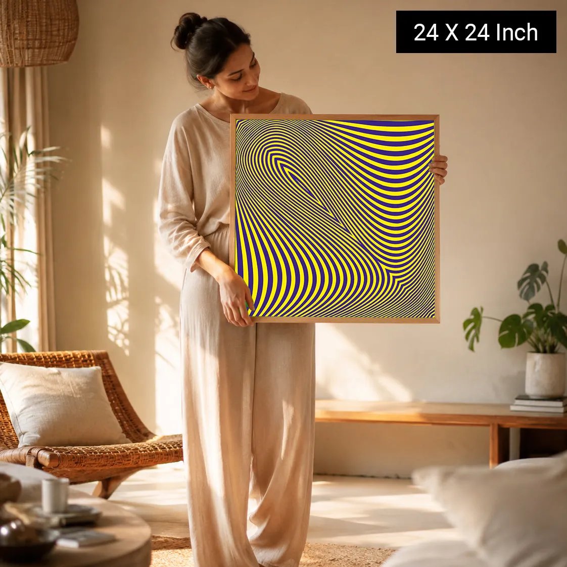 A woman holds a 24x24 inch Healing Canvas Wall Art with a colorful, wavy design, set in a calm, cozy room.