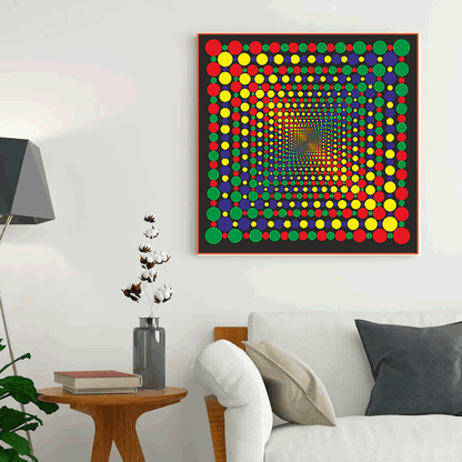 Colorful dot artwork on a wall above a sofa in a living room.