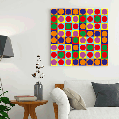 Colorful abstract art piece on a wall above a sofa in a living room.