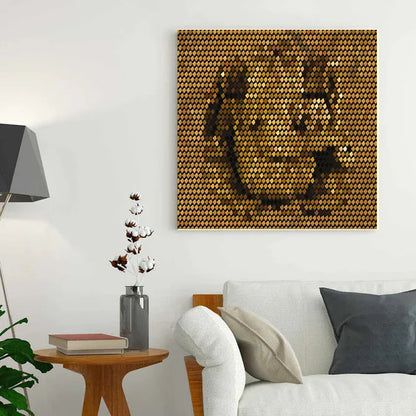 Living room with a wall art piece of a donkey made from coins, a lamp, and a sofa.