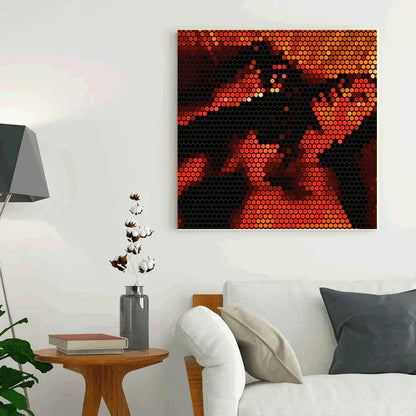 Modern living room with a geometric abstract wall art piece.