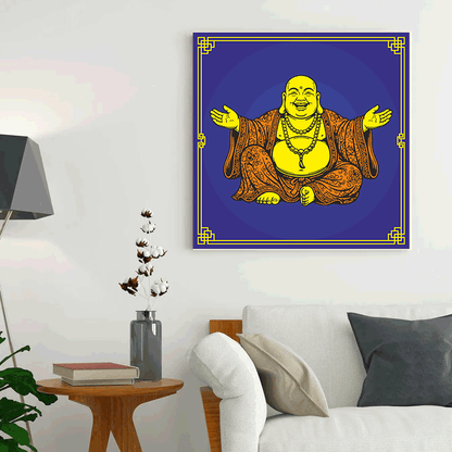 Framed artwork of a laughing Buddha on a wall above a sofa in a living room.