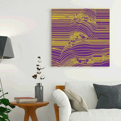 Abstract art piece with wavy lines in purple and yellow on a white wall above a sofa.