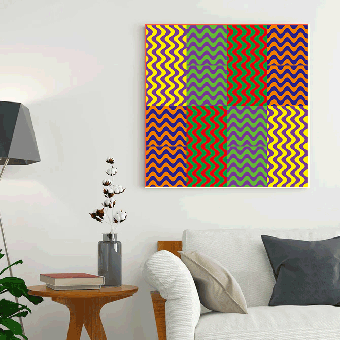 Colorful abstract patterned painting on a wall above a sofa in a living room.