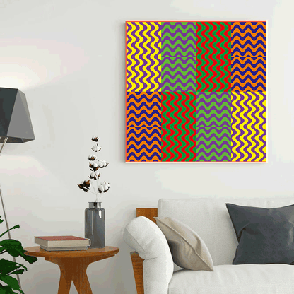 Colorful abstract patterned painting on a wall above a sofa in a living room.