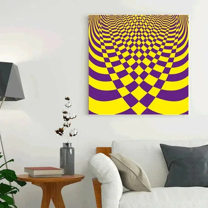 Op art painting with purple and yellow pattern on a wall above a sofa.