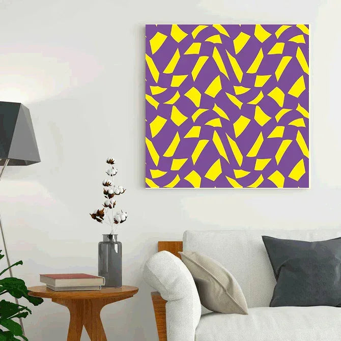Living room with a purple and yellow abstract painting on the wall.