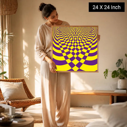 A woman holds a vibrant 24x24 inch framed print featuring a hypnotic purple and yellow geometric design, ideal for yoga and t