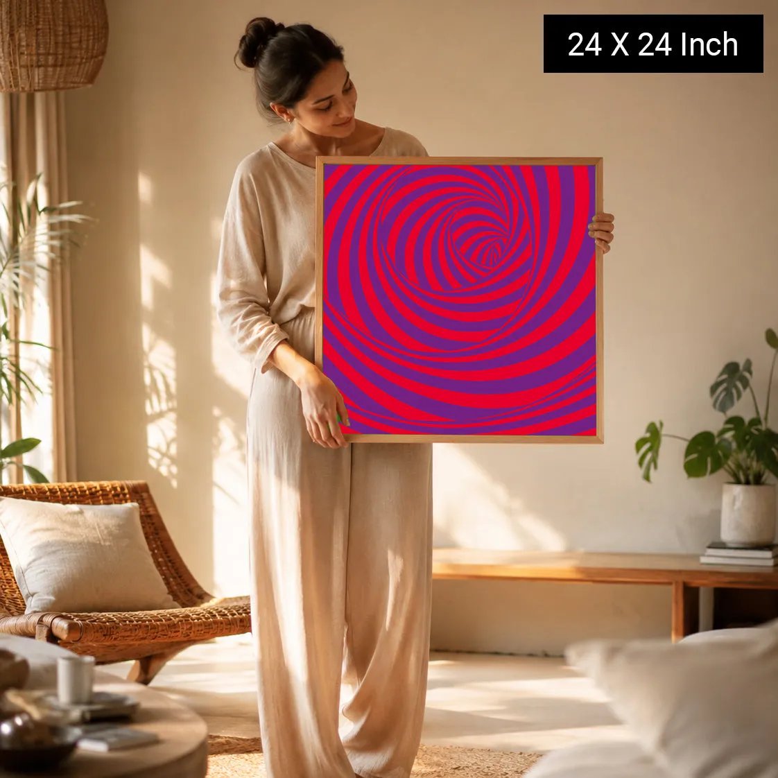 A woman holds a 24x24 inch Zen Wall Art print featuring vibrant red and purple swirling sacred geometry, ideal for therapy ro