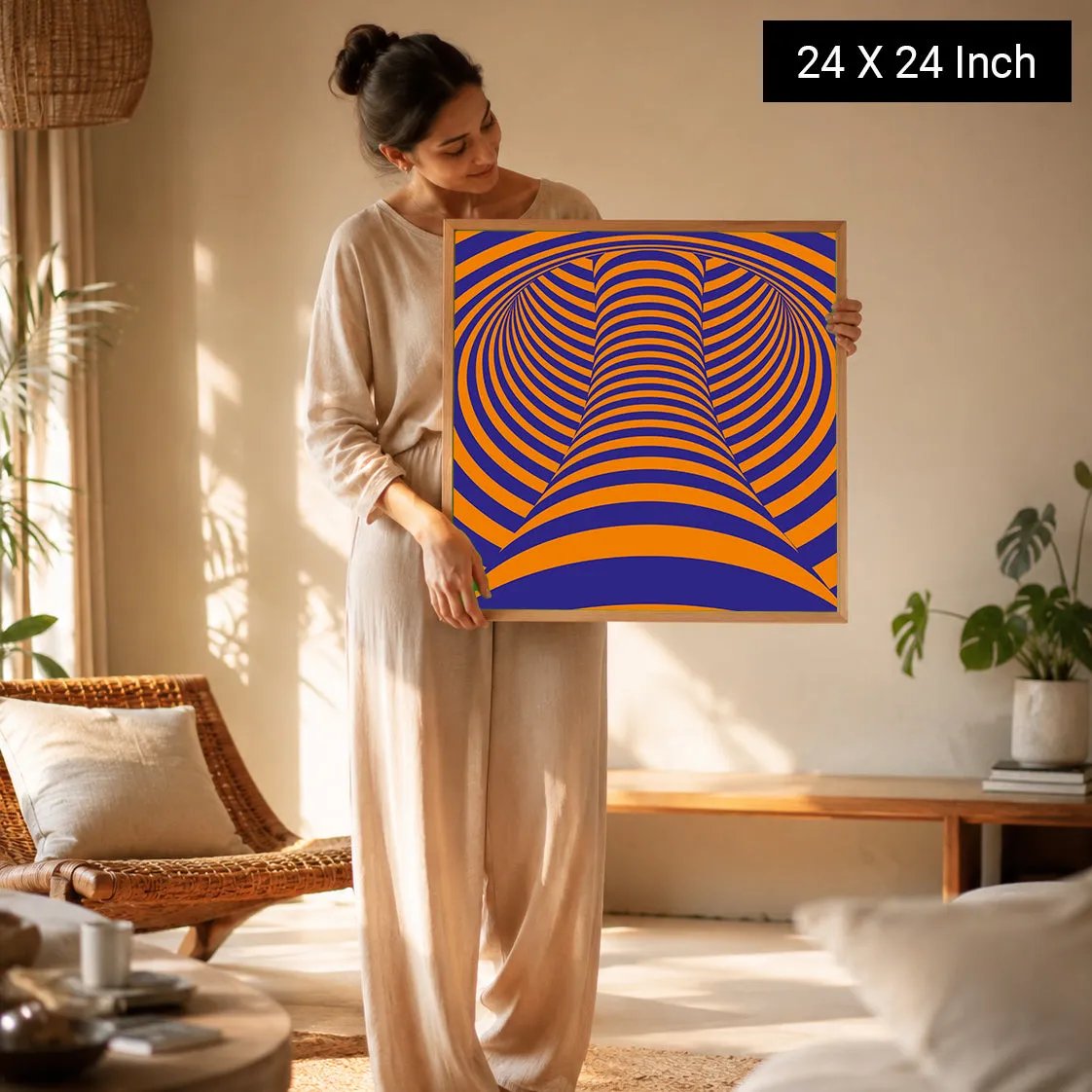 A woman holds a 24x24 inch framed Serenity Meditation Art print featuring vibrant orange and blue concentric patterns, set in