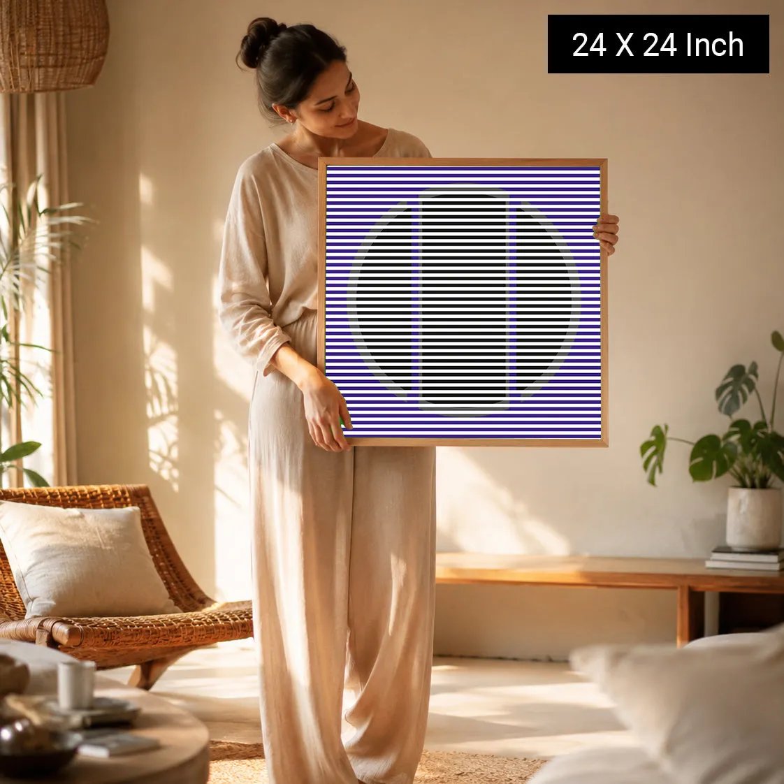 A woman holds a 24x24 inch therapeutic wall art print featuring bold striped patterns in purple and black, designed for welln