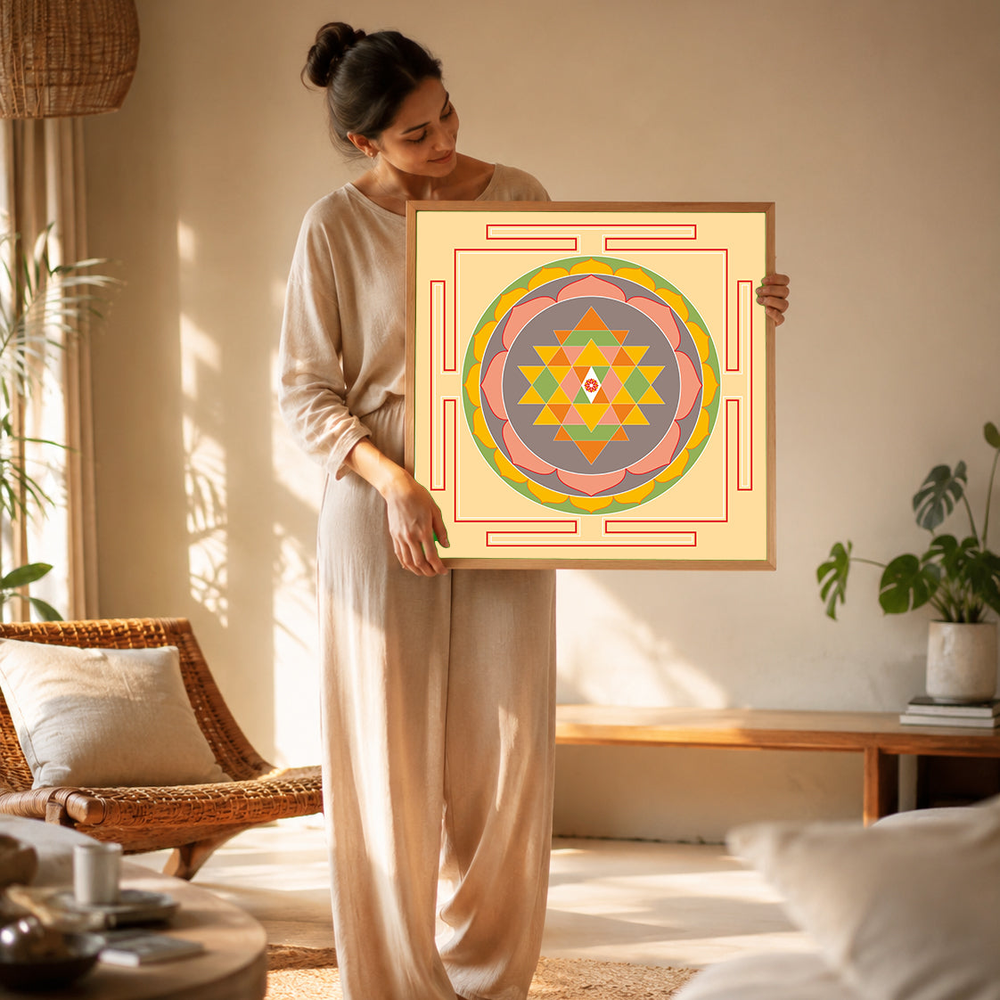 Sacred Geometry + Shri Yantra Dot Art wall art by Ilu Art Therapy, displayed by a woman in a cozy wellness space.