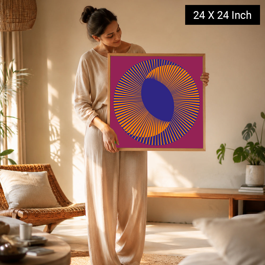 A woman holds a 24x24 inch framed mandala art piece featuring vibrant colors and geometric patterns, suitable for yoga and me