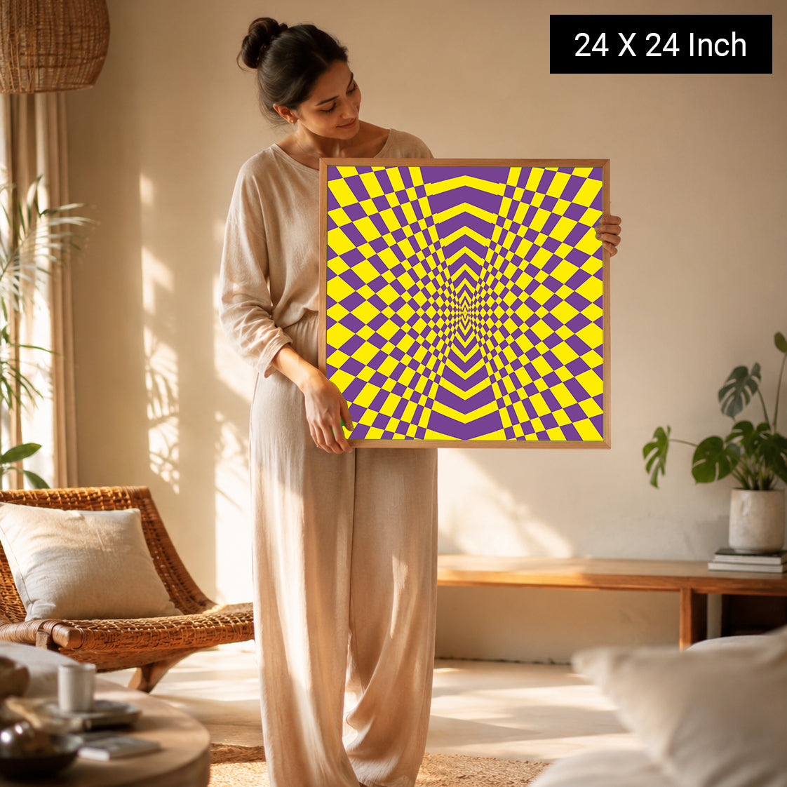 Vortex Grid – Geometric Optical Illusion Yellow & Purple Framed Fine Art Print