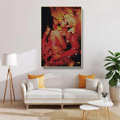 Abstract art piece on a wall above a sofa in a living room