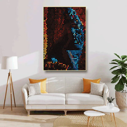 Modern living room with a colorful abstract painting above a white sofa.