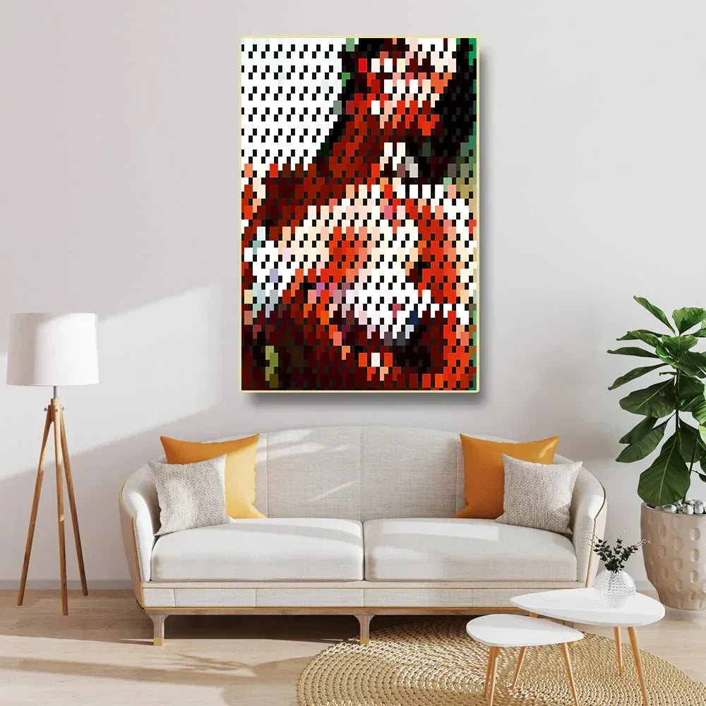 Living room with a colorful abstract painting on the wall, a white sofa with orange and yellow cushions, and a plant.