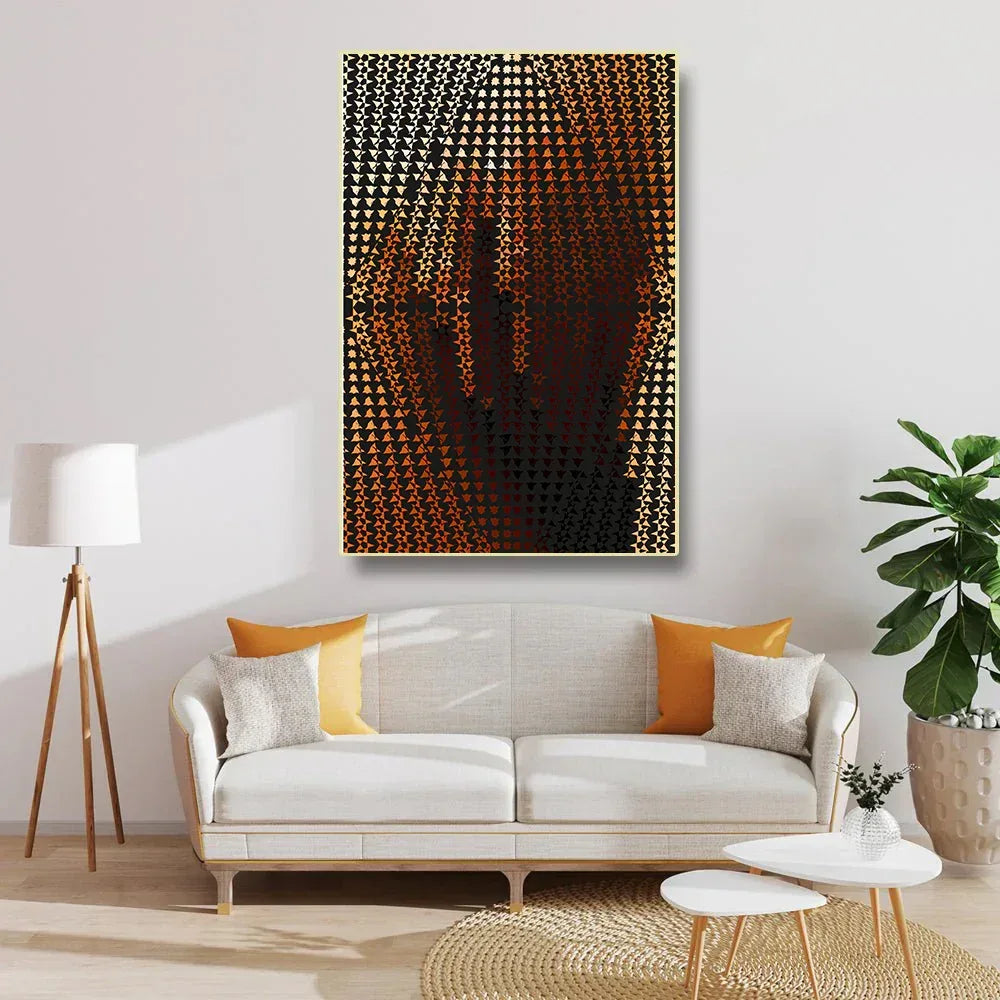 Modern living room with a white sofa, abstract art, and decorative items.