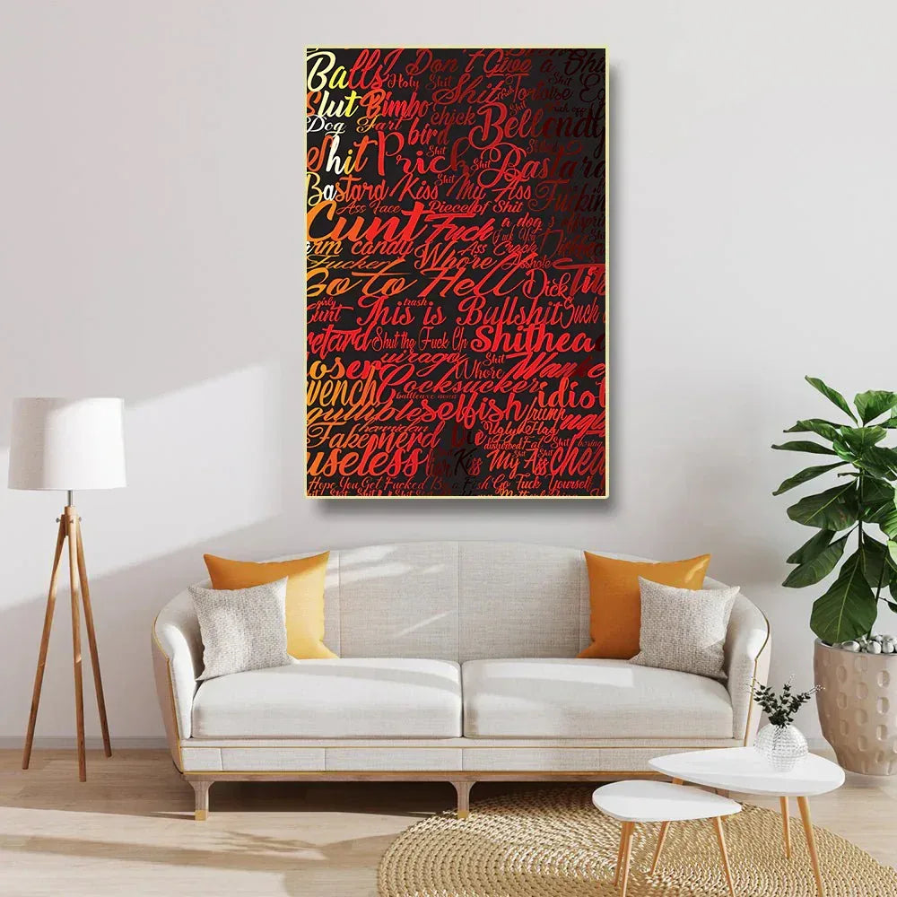 Living room with a colorful abstract painting above a white sofa.