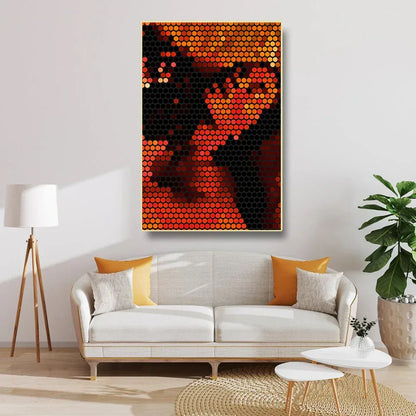 Modern living room with a white sofa, decorative pillows, and a colorful abstract painting on the wall.