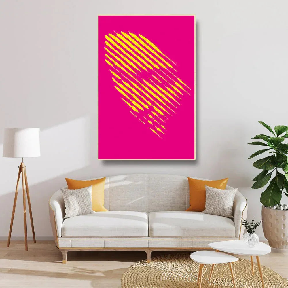 Modern living room with a pink and yellow abstract art piece on the wall.