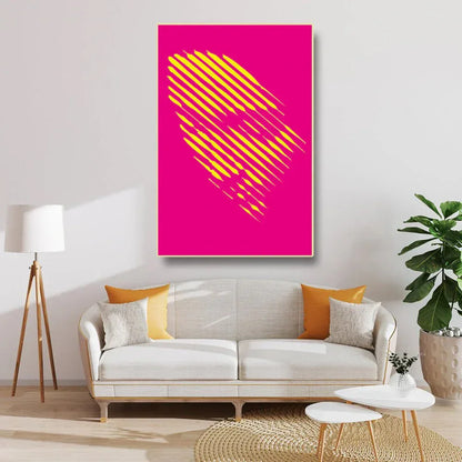 Modern living room with a pink and yellow abstract art piece on the wall.