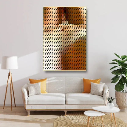 Living room with a white sofa, decorative pillows, and a modern abstract painting on the wall.